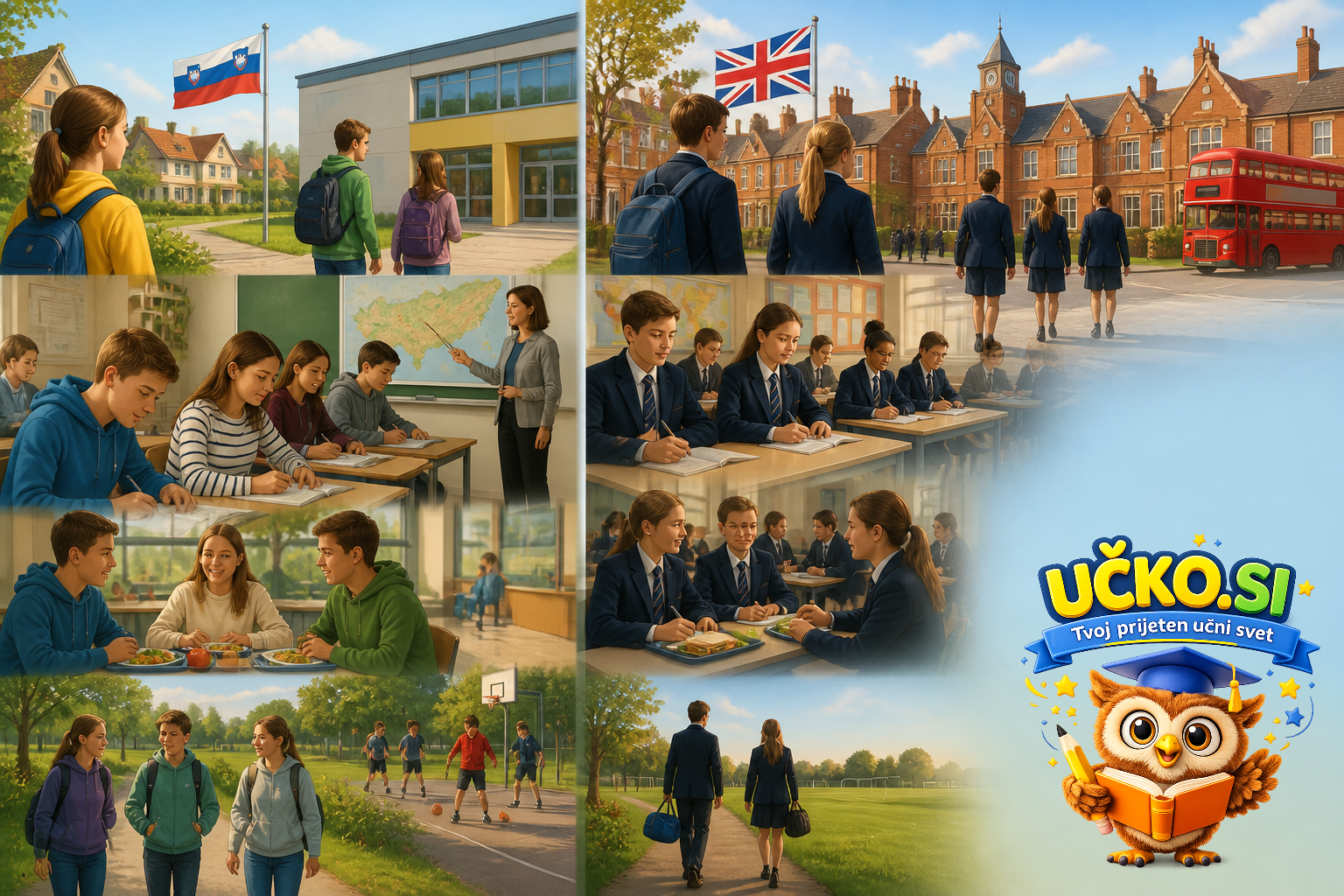 Ilustracija: A school day here and in England