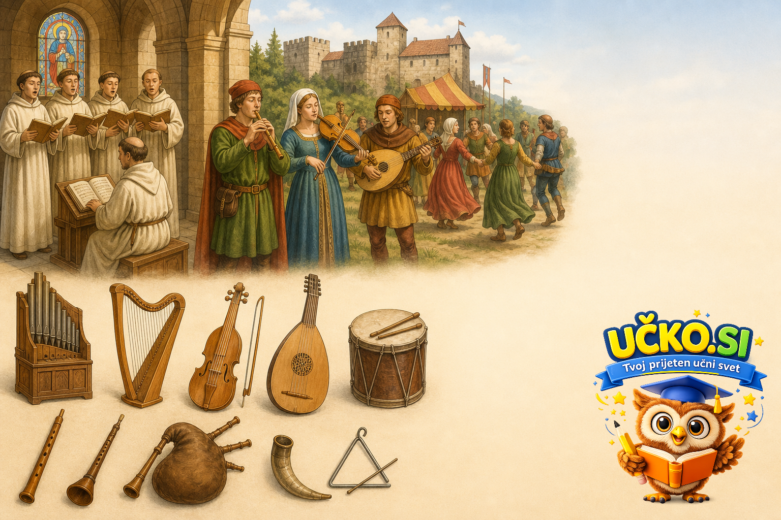 Ilustracija: Instrumenti in glasbeniki srednjega veka