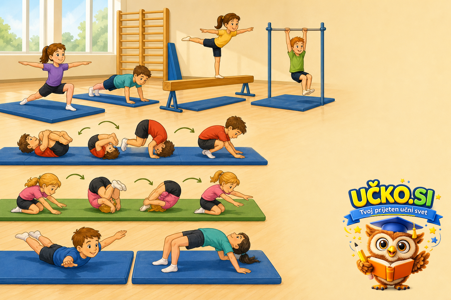 Ilustracija: Kotaljenje in osnovne gimnastične vaje