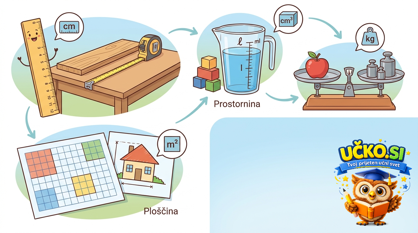 Ilustracija: Merjenje in računanje z dolžino, ploščino, prostornino in maso