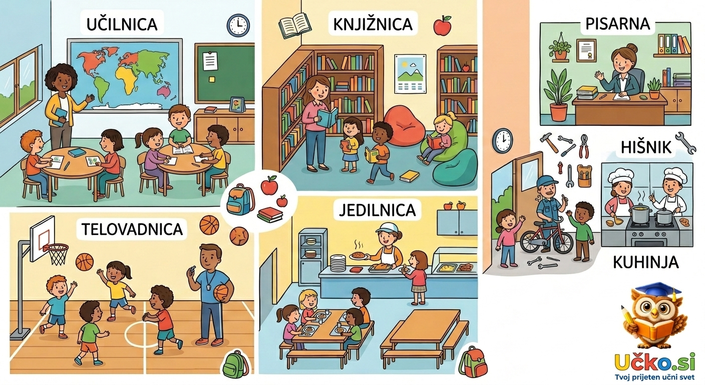Ilustracija: Prostori v šoli in ljudje, ki tam delajo