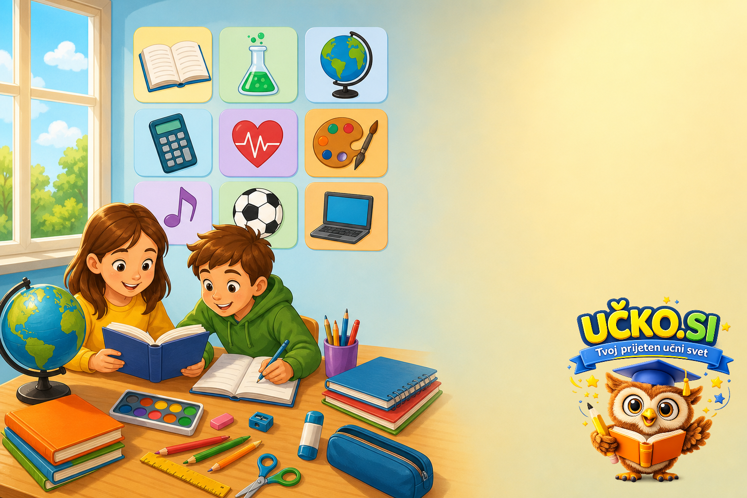Ilustracija: School subjects and school items