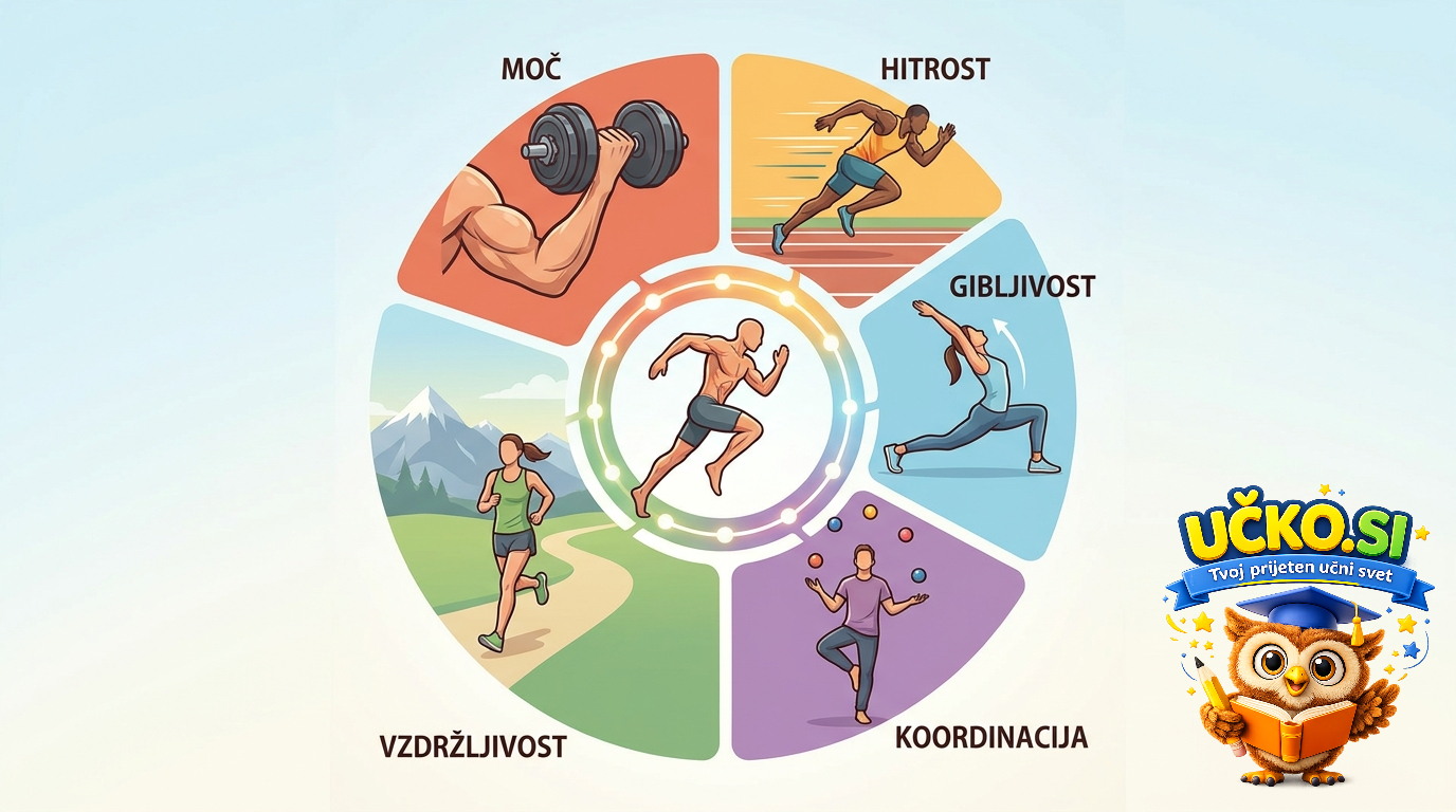 Ilustracija: Sestavine telesne pripravljenosti (moč, vzdržljivost, hitrost, gibljivost, koordinacija)
