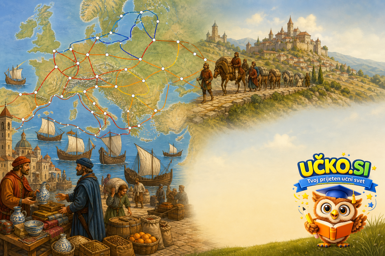 Ilustracija: Trgovske poti in povezovanje Evrope